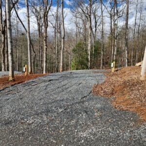 A road with trees and dirt on the side of it.