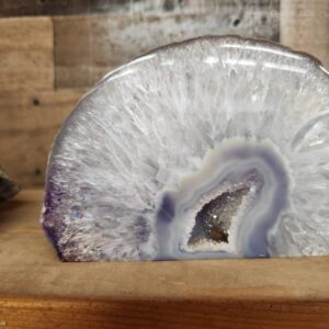 A close up of an agate slice on a table