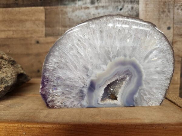 A close up of an agate slice on a table