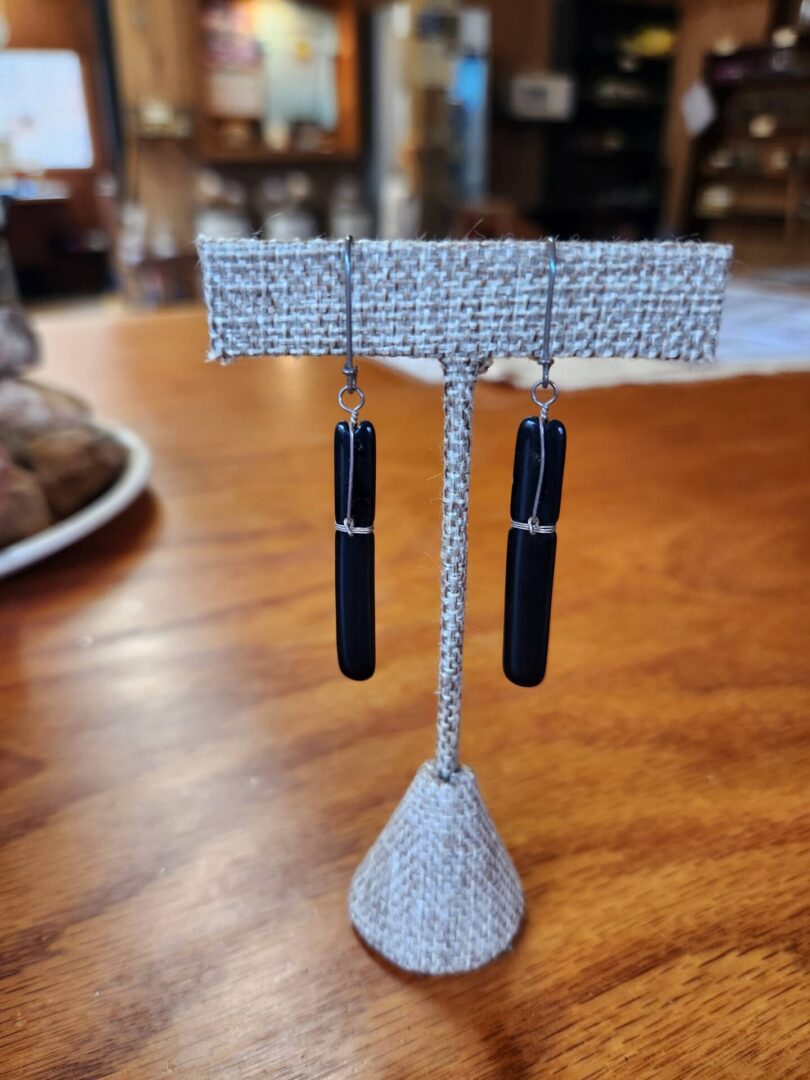 A pair of earrings on a stand