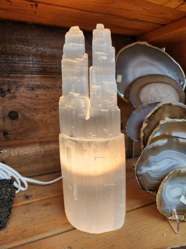 A lamp made of ice and rocks on the table