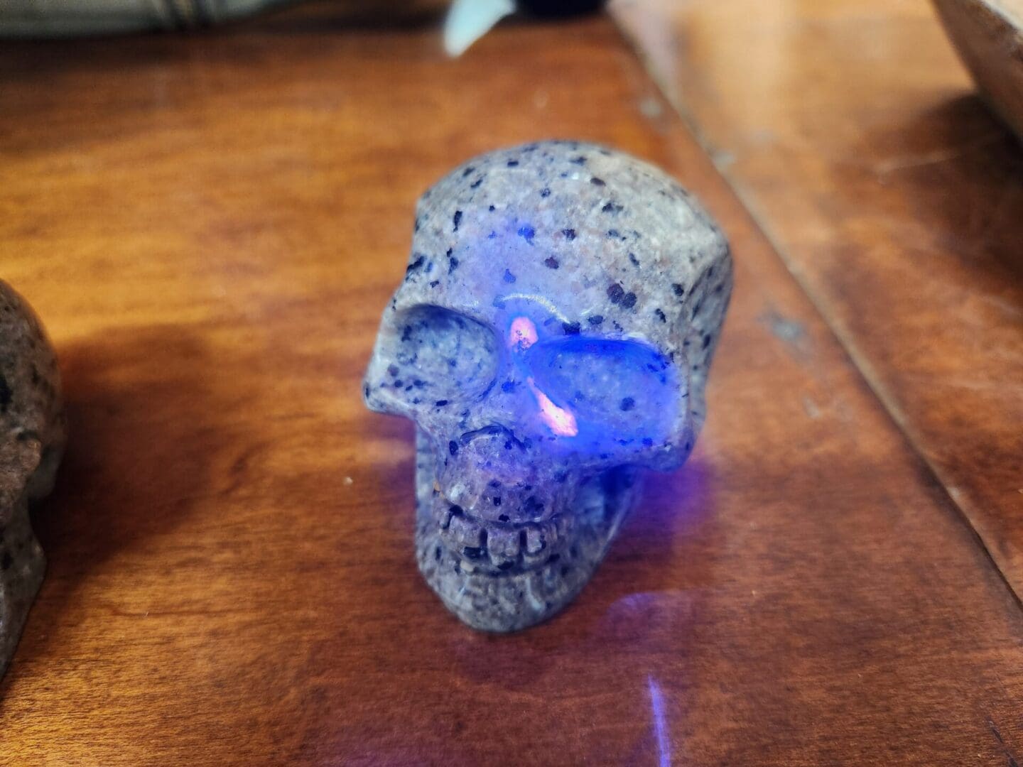 A skull with blue light on it's face.